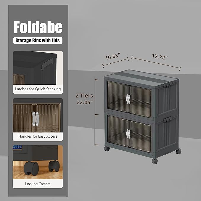51QT Stackable Storage Bins with Lids & Wheels - Foldable Cabinet Clear Door Plastic Organizer Containers for Home, Garage, Pantry Organization - Collapsible Design Gray 2T