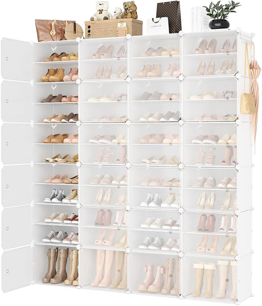 Portable Shoe Rack Organizer with Door, 96 Pairs Shoe Storage Cabinet Easy Assembly, Plastic Adjustable Shoe Storage Organizer Stackable Detachable Free Standing DIY Expandable 12 Tier White