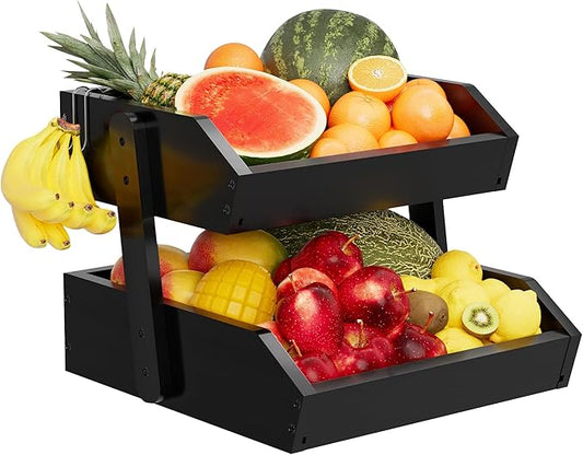 Bamboo 2 Tier Fruit Basket for Kitchen Counter, Large Capacity Fruit Storage Countertop, Fruit Holder, Wood Pantry Organizers and Storage, Kitchen Countertop Organizer With 2 Banana Hangers (Black)