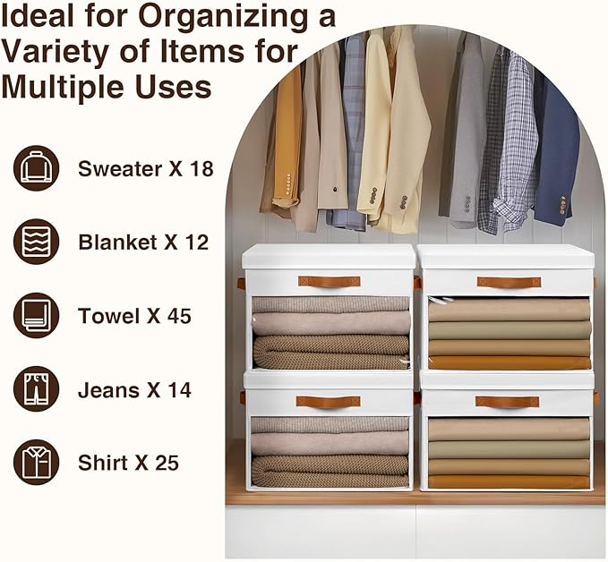 Homsorout Large Storage Bins with Lids - 4 Pack Foldable Decorative Organizers with Clear Windows & Handles, Cube Storage Organizers for Clothes, Blankets, Sweaters, CD, White