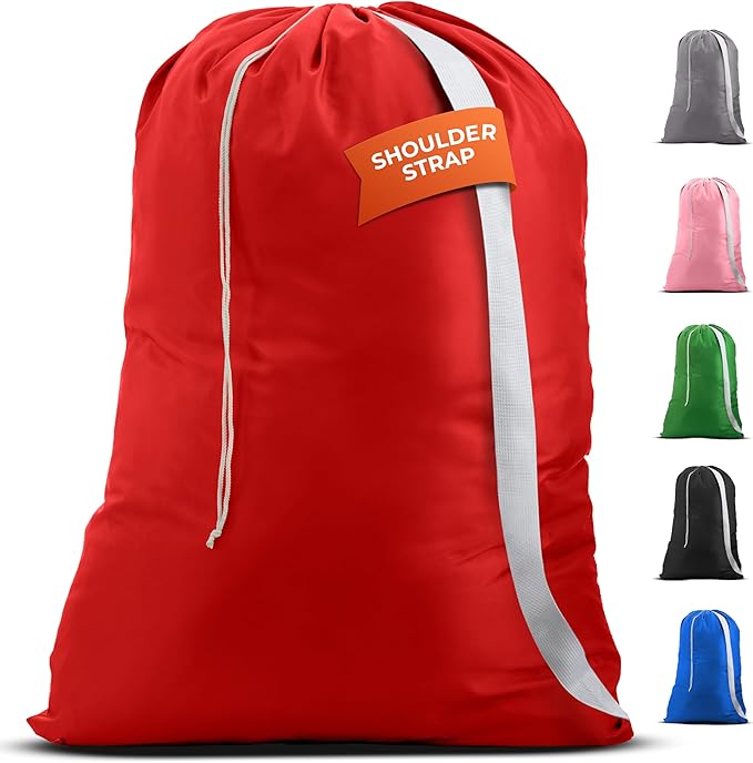 Handy Laundry Bag Shoulder Strap Extra Large - Drawstring Locking Closure, Durable Material, Heavy Duty Stitching, Hands Free Carrying - Perfect College Dorm (Red, 30" x 40")