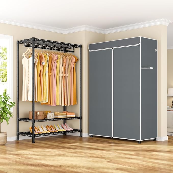 ULIFHOME H5C Plus Clothes Rack with Cover, Portable Closet for Hanging Clothes, Covered Clothing Racks Heavy Duty, 3-Tiers Garment Rack with Shelves Max Load 370LBS Black Closet Rack with Gray Cover