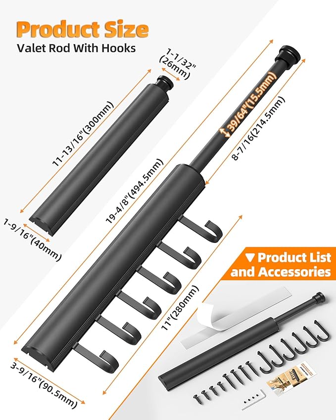 12 inch Valet Rod for Closets Pull Out, Closet Rods Extenders for Hanging Clothes Telescoping Adjustable With 6 Hooks (Black, 12 Inch-1 Pack)