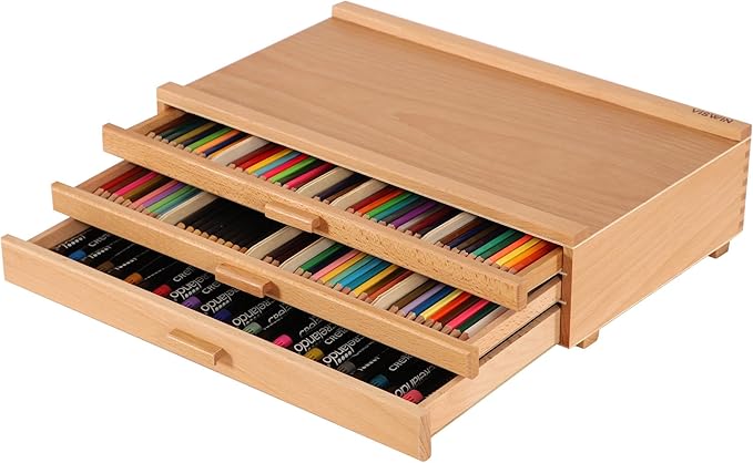 VISWIN Upgraded 3-Drawer Wood Artist Supply Storage Box with Removable Dividers, Premium Beech Wood Art Storage Box, Portable Organizer Box for Paints, Pastels, Pencils, Brushes and Art Supplies