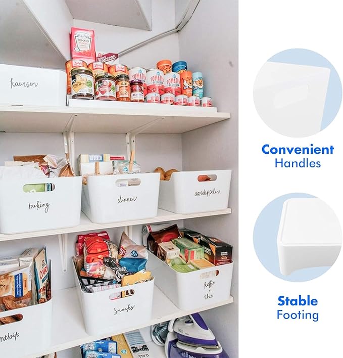 8 Pack Medium White Plastic Storage Bins with Handles, 9.5" x 6.7" x 4.1" Stackable Organizer Containers, Heavy Duty Pantry Bins for Kitchen Cabinet, Closet, Bathroom, Office, Laundry, Dorm Room