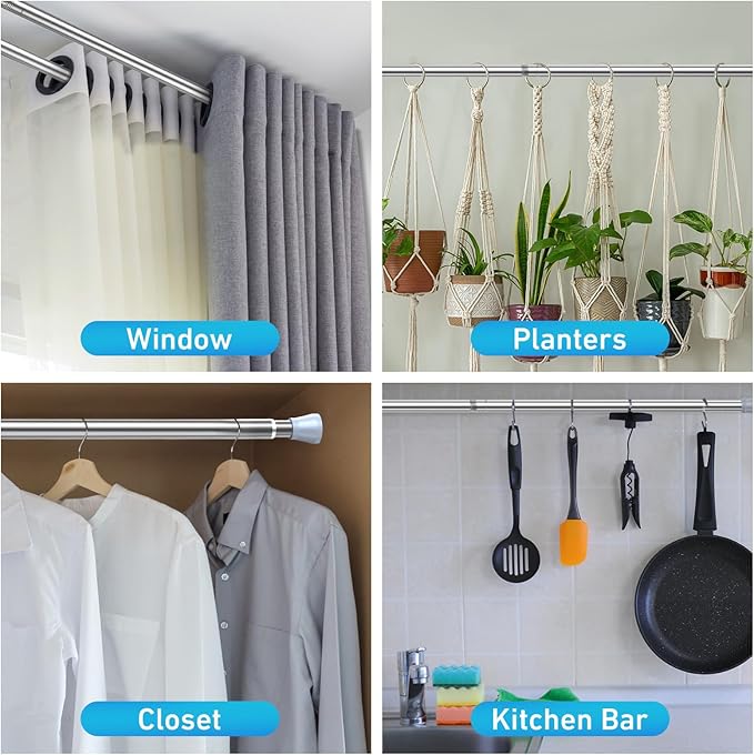MEXAU Tension Curtain Rod for Windows 27 to 50 Inch，Silver Spring Tension Rods short curtain rod Adjustable Spring Rod Extendable Tension Rod for Kitchen, Bathroom, Window, Bookshelf.