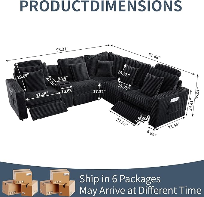 LEVNARY 5-Seat L Shaped Modular Sectional Sofa with Power Recliners, Faux Rabbit Fur Upholstery, Storage Console with Charging Ports & Cup Holders, Living Room Couch Set for Home Office (Black)