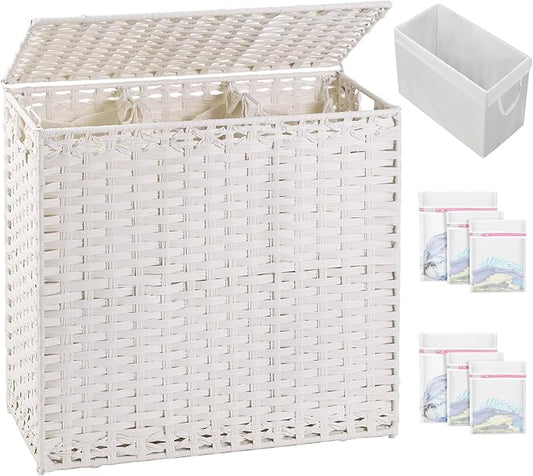SETVSON Laundry Hamper with Lid Laundry Basket 132 L (35 Gal) Wicker Clothes Hamper, Handwoven Rattan Hamper with Handles and 4 Removable Liner Bags, 6 Mesh Bags for Laundry Bedroom White