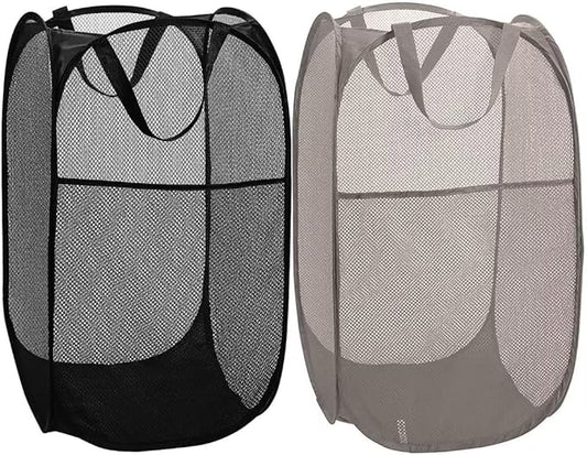 BATTOO Deluxe Strong Mesh Pop up Laundry Hamper Basket with Side Pocket Foldable Hamper for Laundry Room, Bathroom, Kids Room, College Dorm or Travel Black + Grey