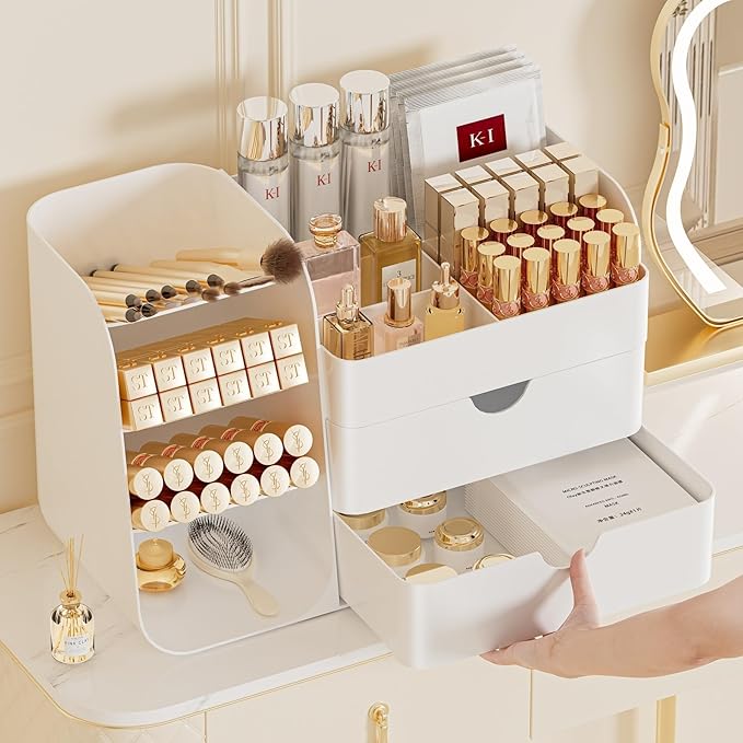 Booklov Makeup Organizer for Vanity, Countertop Cosmetic Display Case with Drawers, Bathroom Counter Beauty Caddy, Comfyroom Table Storage Holder for Skincare, Brush Eyeliner Eyeshadow Lipstick, White