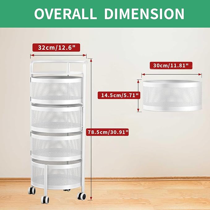 JAQ No Assembly Integrated Rotating Storage Cart, 4-Tier Rolling Storage Cart with Wheels, Solid Carbon Steel Onion Potato Storage, Kitchen Storage Cart, Vegetable Storage Cart, White