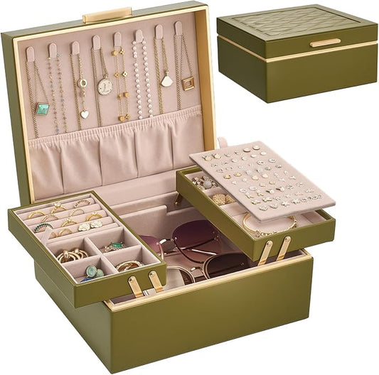 Lolalet Jewelry Box Organizer for Women Girls, 2 Layer Jewelry Organizers and Storage for Necklace Earrings Rings Bracelets, Large Jewellery Holder Case Birthday Mothers Day Gifts -Olive Green
