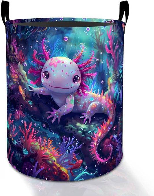 Axolotl Laundry Basket Hamper for Boys Girls Kids Adults, Foldable Waterproof Oxford Clothes Storage Bin, Ocean Organizer for Bedroom Bathroom Room Decor 19.7"x15.8"