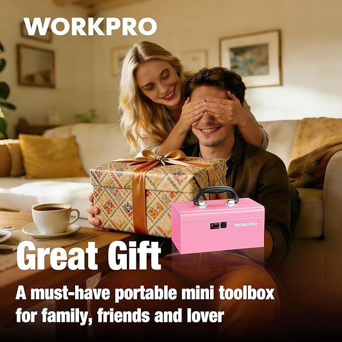 WORKPRO 10.8" Portable Mini Metal Tool Box with Removable Color-Matching Tray, One-Button Latch Toolbox, Steel Tool Chest with PP Handle, Compact Storage Organizer for Home, Office or Workshop