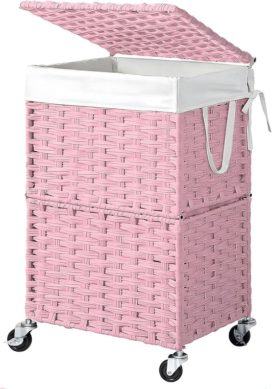 Chrislley 90L Slim Laundry Hamper with Wheels, Rolling Laundry Basket with Lid and Renovable Liner Bag, Handwoven Rattan Organizer for bedroom, bathroom, laundry room (Pink)