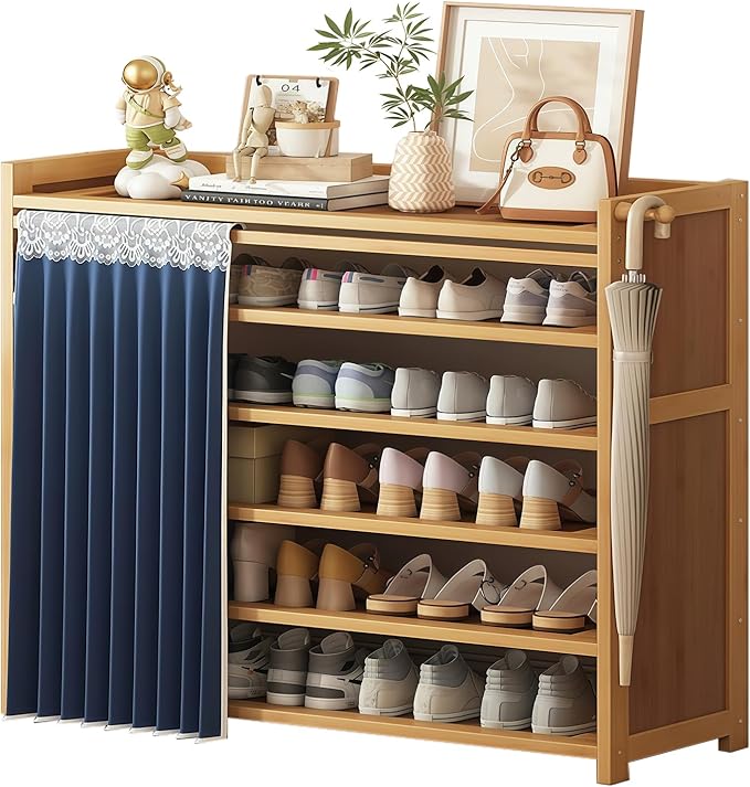 6-Tier Free Standing Shoe Racks, Shoe Rack with Cover, Bamboo Wood Shoe Rack for Entryway & Closet, Holds up to 24 Pairs of Shoes