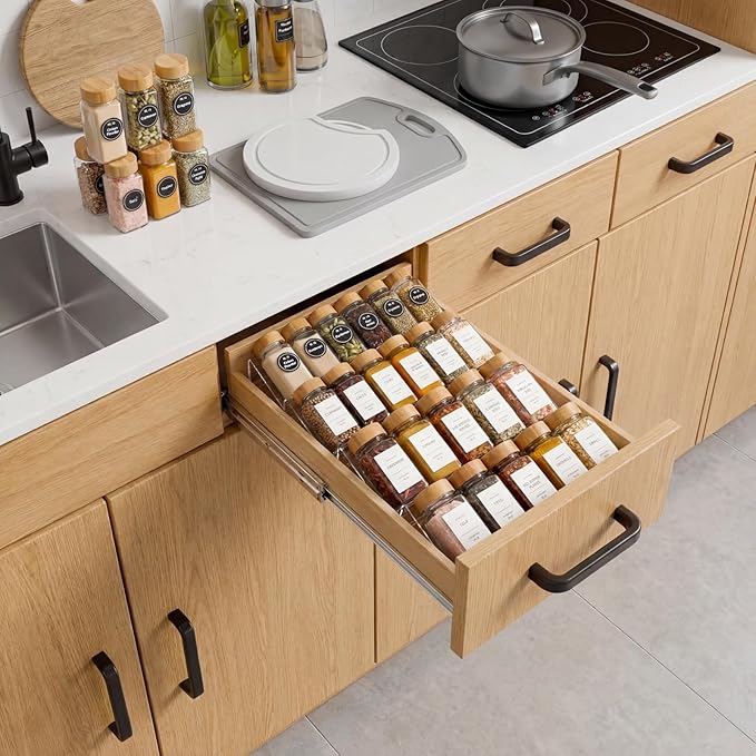 LETGO 8 Pack Adjustable Spice Rack for Drawer - 9" to 17.7" Expandable Spice Drawer Organizer 4 Tier Acrylic Seasoning Organizer Rack,Clear Spice Rack Tray for Spices,Condiment,Nail Polish and Jar (8)