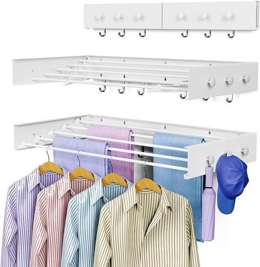 Drying Rack Clothing,Clothes Drying Rack Wall Mounted,Laundry Drying Rack Wall Mount,Foldable,Collapsible,60 lb Capacity 5 Aluminium Poles with 6 Hooks (White, 31" Upgrade)
