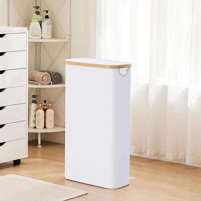 Slim Laundry Hamper with Lid, 63L Laundry Basket with Removable Bag, Oxford Fabric Laundry Bin with Bamboo Handles for Bathroom Bedroom Small Spaces