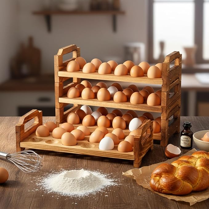 Reallnaive 4 Tier Wooden Egg Holder for Countertop, Pine Stackable Fresh Egg Storage Farmhouse Collecting Rack for Gathering Kitchen Organizer Duck Eggs Display, Stackable with 72 Eggs(Brown)