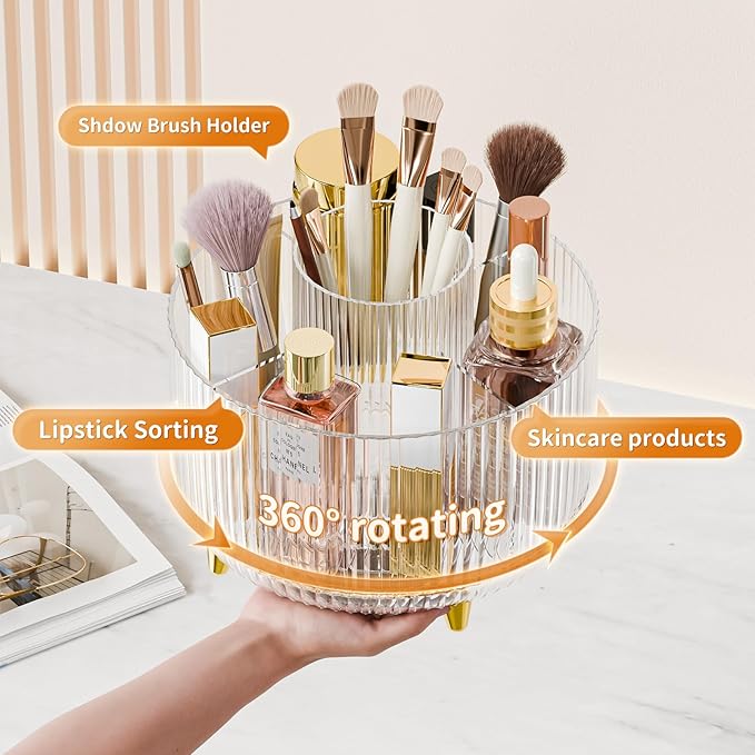 Clear Rotating Makeup Organizer Countertop for Vanity, 360° Makeup Brush Holder Organizer with 5 Compartments, Transparent Cosmetic Storage for Lipstick, Skincare, Bathroom Counter(Transparent)