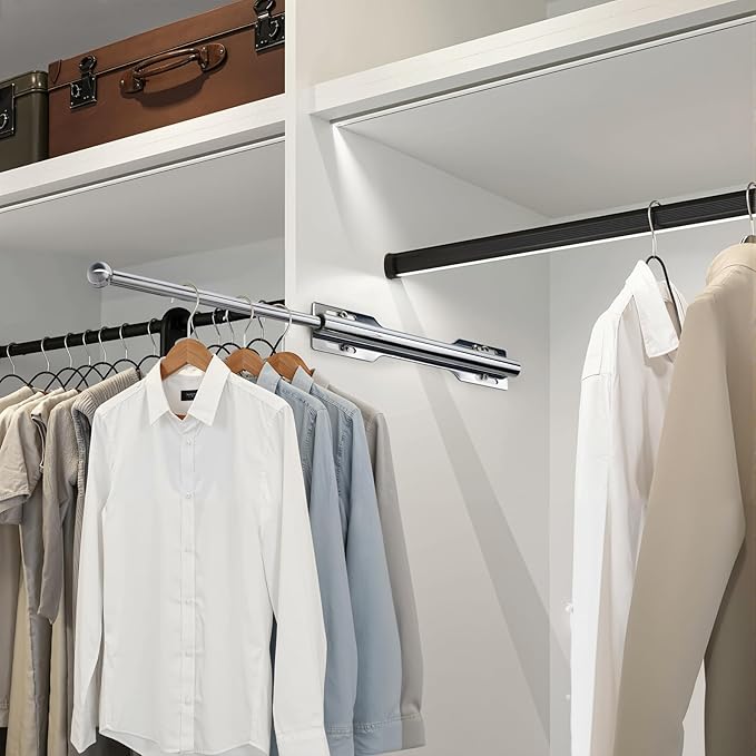 Closet Valet Rod Slide Out, Closet Pull Out Rod for Bedroom Laundry Room Bathroom, Chrome