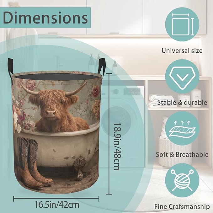 Vintage Highland Cow Floral Round Laundry Hamper Storage Basket Toys Clothes Organizer Bin For Home Bathroom Bedroom Dorm Nursery