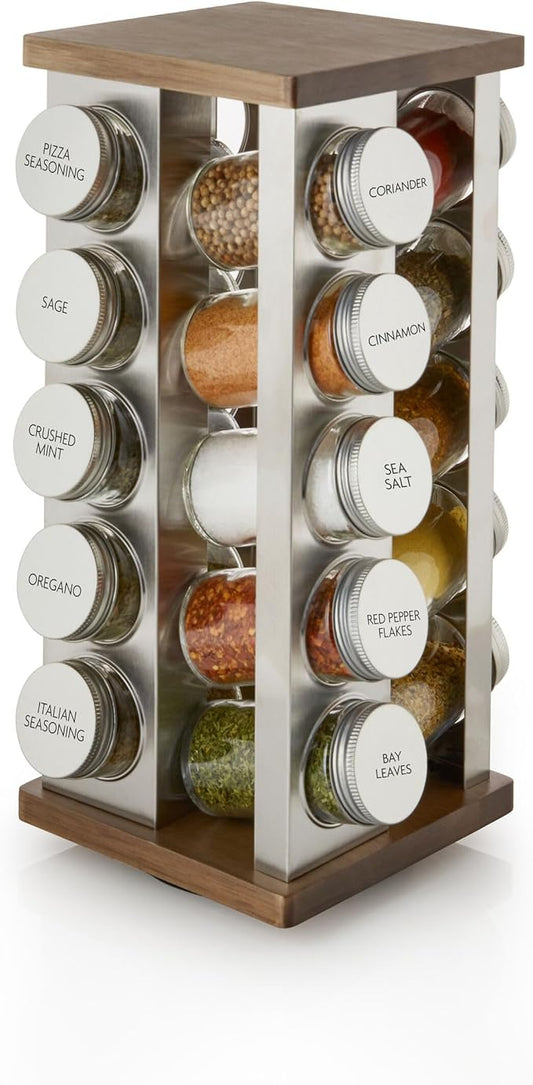 Kamenstein 20 Jar Vintage Spice Rack with Spices Included, Revolving Countertop Spice Organizer with Glass Jars, Labeled Caps, Removable Sifter Discs, and Free Refills for 5 Years