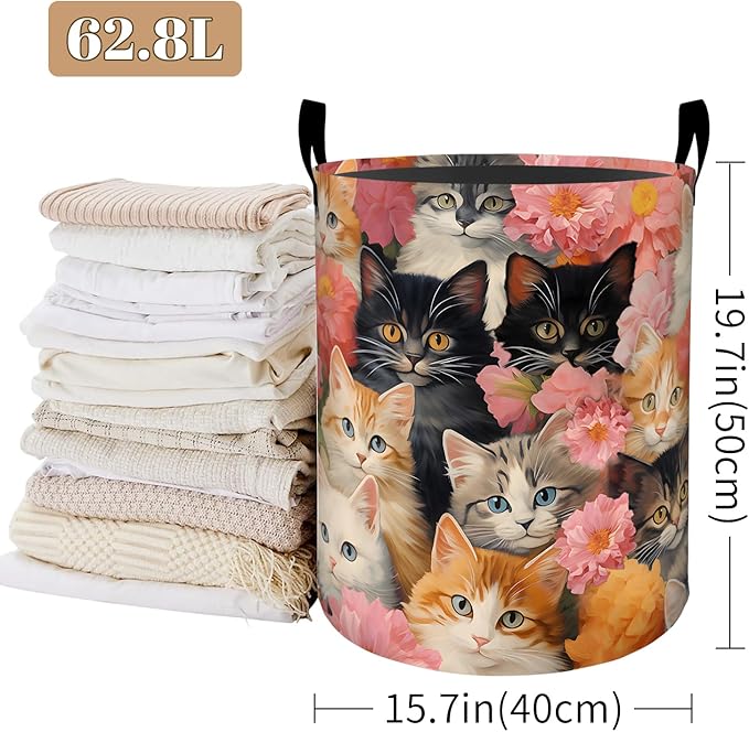 Cute Cat Laundry Basket, Peony Flower Design Foldable Oxford Cloth, Waterproof Dirty Clothes Hamper with Handles, Clothing Storage Bucket Toy Organizer for Bathroom Bedroom Dorm, 19.7"x15.7"