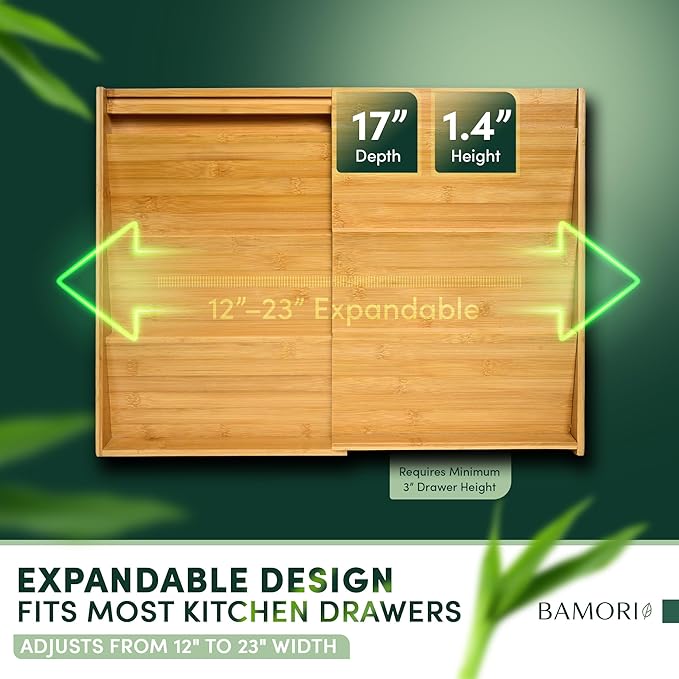 Expandable Bamboo Spice Drawer Organizer – Adjustable Tiered Spice Rack Insert for Kitchen Drawer – Premium Bamboo Seasoning Organizer for Drawer Storage (Need 3" Deep Drawer)