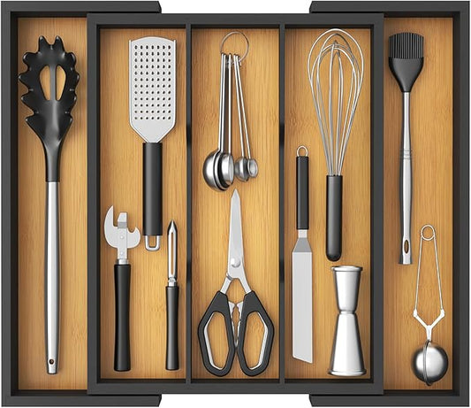 Lifewit Utensil Organizer for Kitchen Drawer, Expandable Cooking Utensil Tray, Cutlery Silverware Flatware Holder, Wood Adjustable Spatula Tools Storage Divider, 33 -56x38cm, Natural and Black