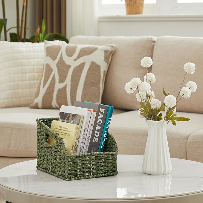 Pantry Organizers, Handwoven Large Wicker Baskets for Shelves, Labeled Storage Baskets for Organizing with Handles - Paper Storage Bins for Shelves, 3 Pack, Green
