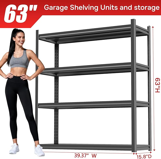 63''H*40W'' Garage Shelving Metal Garage Shelf Unit 4-Tier Storage Shelves Heavy Duty Shelf Organizer Industrial Shelves for Warehouse Basement Kitchen Pantry Commercial, Black
