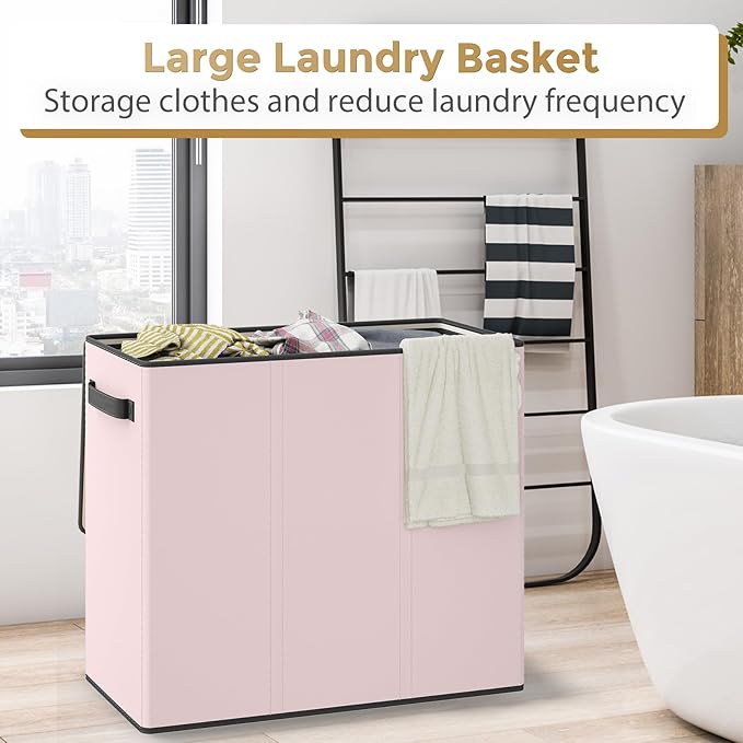 Optish 180L Laundry Hamper 3 Section, Large Laundry Basket with Lid, Laundry Basket Organizer with Handles, Pink Divided Laundry Baskets, Clothes Hampers for Nursery, Bedroom, Bathroom