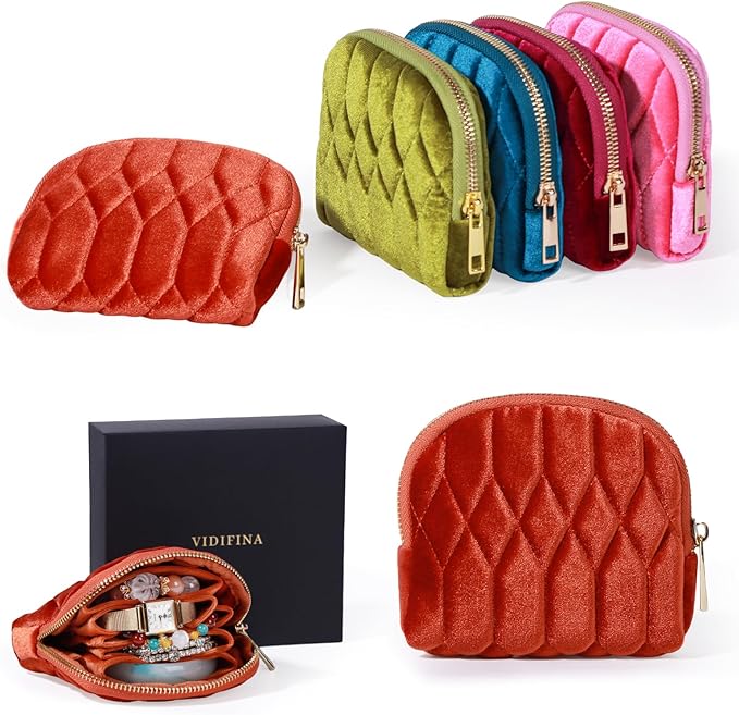 Small Travel Jewelry Case, Mini Travel Jewelry Bag with Zipper, 5-Layer Velvet Organizer Pouch for Bracelet Rings Earrings - Diamond Stitched Velvet Caramel