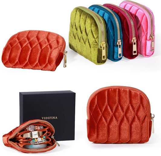 Small Travel Jewelry Case, Mini Travel Jewelry Bag with Zipper, 5-Layer Velvet Organizer Pouch for Bracelet Rings Earrings - Diamond Stitched Velvet Caramel