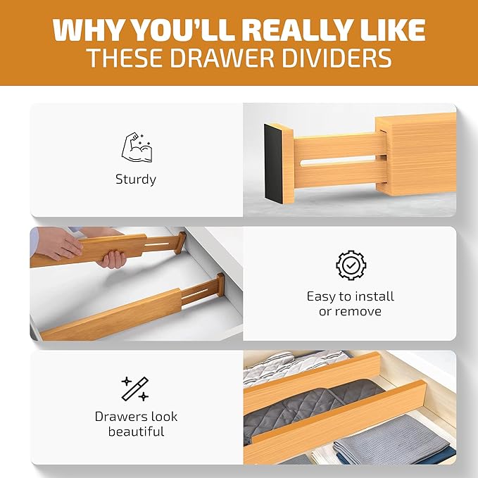 4-Pack Bamboo Drawer Dividers - Fits Drawers 12.2 to 17.3 Inches Deep, 2.6 Inch High, 0.6 Inch Thick, Expandable Drawer Organizers Separators for Clothes, Dresser, Bedroom, Kitchen, Bathroom, Office