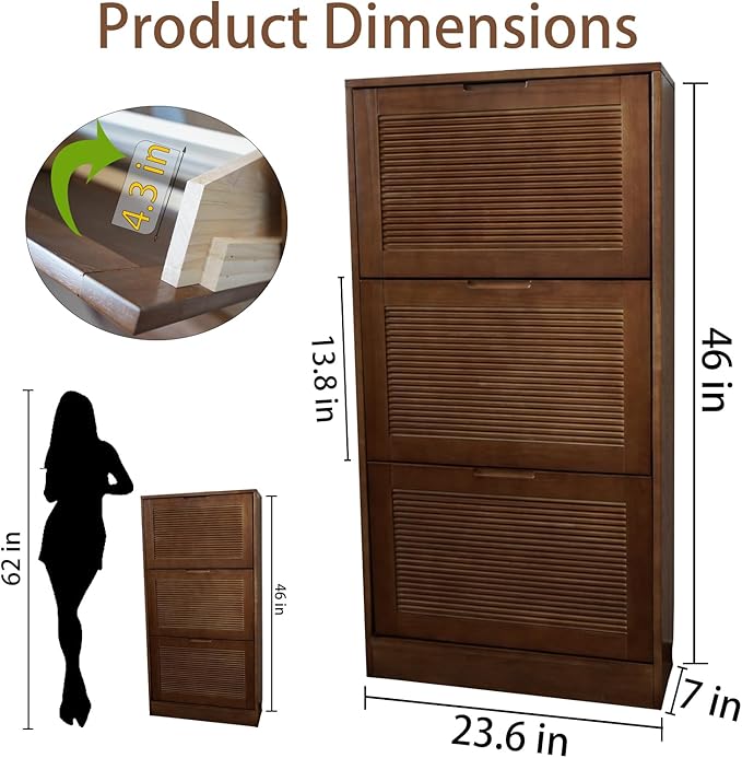 Solid Shoe Storage Cabinet with 3 Flip Drawers, Narrow Wood Shoe Organizer Cabinet with Fluted Panel, Slim Shoe Rack for Entryway, Freestanding Shoe Cabinet for Entryway Hallway Foyer ，Walnut