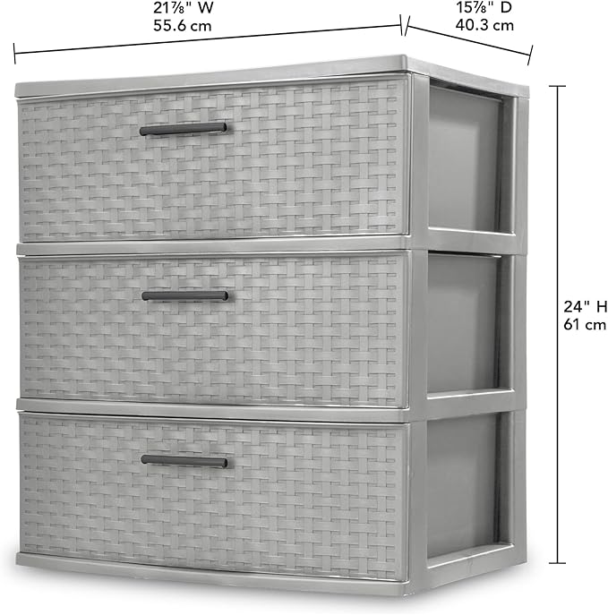 Sterilite 2 Pack 3 Drawer Wide Storage Tower, Plastic Weave Organizer, Cement - Lightweight Opaque Container for Bedrooms, Closets, or Bathrooms
