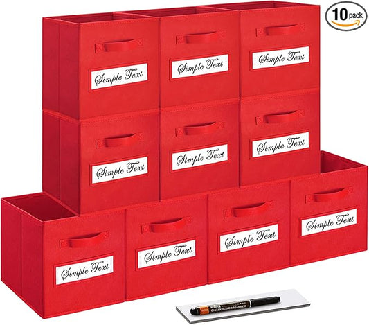 artsdi 11 Inch Storage Cube,Storage bin,cube storage (Set of 10) Foldable Fabric Cube Storage Bins with 10 Labels Window Cards & a Pen,Baskets Containers for Shelves,Closet Organizers Box,Red