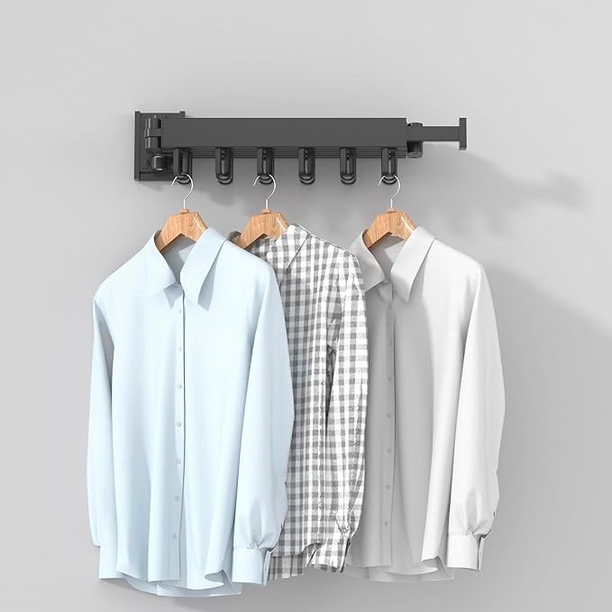 Wall Mounted Clothes Hanger Rack Folding Wall Mounted Clothes Hanger for Laundry (3U Black)