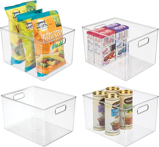 mDesign Plastic Storage Organizer Container Bin for Kitchen Organization in Pantry, Cabinet, Countertop Fridge, Refrigerator, and Freezer - Hold Food, Drink, or Snacks, Ligne Collection, 4 Pack, Clear