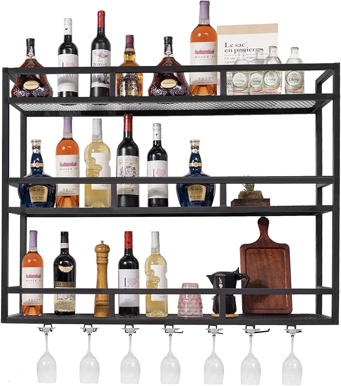 39" Wall Mounted Wine Rack with Bottle Glass Holder, 3-Tiers Metal Bar Shelves for Liquor Bottles with LED Light, Wall Wine Rack for Home, Restaurant, Commercial Bar, Kitchen Storage Display