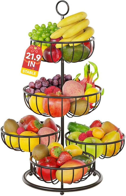 PouHenier.jh 5 Tier Fruit Basket Stand for Counter, Kitchen Tall Tiered Fruit Bowl Organizer for Dining Table Countertop, Multi Level Fresh Produce and Vegetable Holder Rack, Sturdy Metal Wire, Black