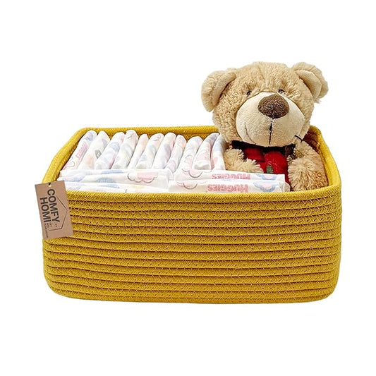 COMFY-HOMI 13" x 8.5" x 5.1" Storage Baskets for Organizing | Cotton Rope Woven Basket | Toy Storage Bin Box | Basket for Shelves, Closet Organizer Bin, Decorative Closet Shelf, 1 Pack, yellow