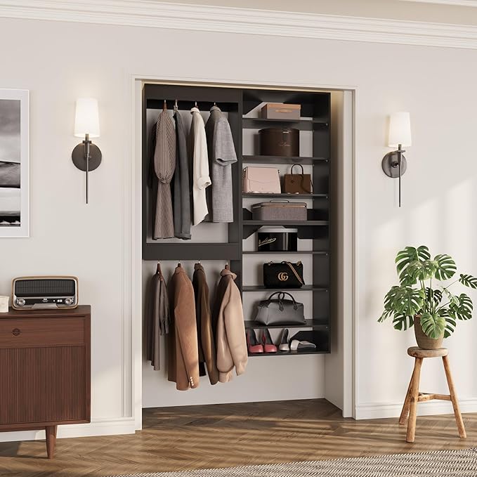 ROOMTEC Modular Closet System, 46" Wall-Mounted Closet Organizer with Hanging Rods and Shelves, Wooden Tower for Walk-In Closets, Wardrobe Storage Kit, Black
