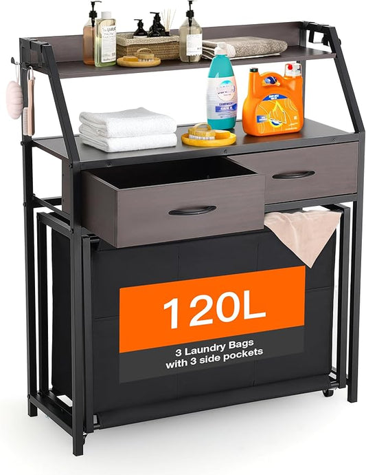 Laundry Hamper with Shelf, 2 Tier Rolling Laundry Hamper 3 section, Laundry Sorter Basket with Wheels, Pull-Out Removable Large Bags, Metal Frames, Wood Drawers for Bathroom, 120L, Rustic Brown