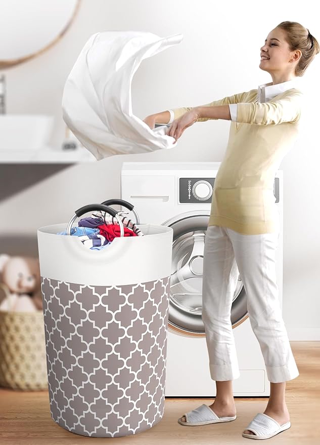 Fabspace Large Laundry Basket Laundry Hamper Bag Washing Bin Clothes Bag Collapsible Tall With Handles Waterproof Travel Bathroom College Essentials Storage For College Dorm, Family (Khaki)115L