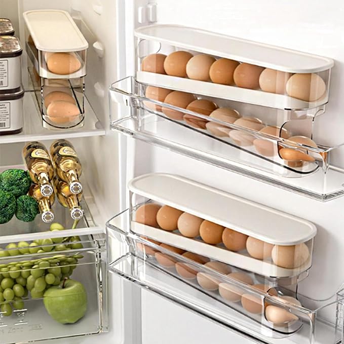 WACOI Auto Rolling Fridge Egg Organizer, Space Saving Eggs Dispenser for Refrigerator Storager with Lid,Egg Holder for Fridge 2 Pack