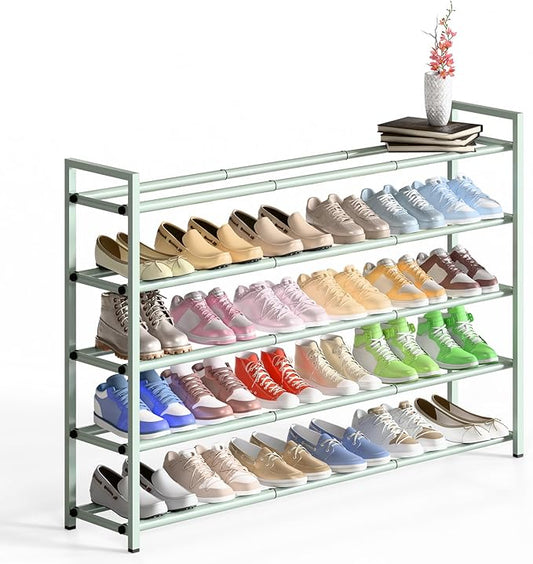 Bumusty 5-Tier Long Expandable Shoe Rack for Closet, 18"-44" Adjustable Shoe Rack for Entryway, 25-30 Pairs Large Shoe Organizer Shelf Storage, Sturdy Metal, Green